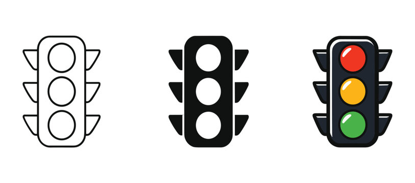 Traffic light icon set for road safety and transportation outline, solid and color styles, white background