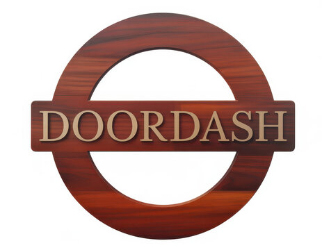 Wooden circular sign with doordash text isolated on a white background, for delivery service branding