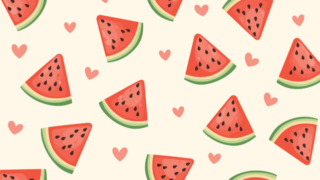 A refreshing seamless pattern featuring vibrant watermelon slices and small pink hearts, creating a sweet summer design on a light beige background.