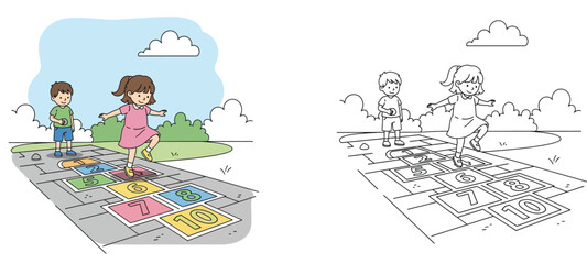 Obraz premium Kids Playing Hopscotch Game in Park Vector Illustration Featuring Boy and Girl plus Black and White Line Art Coloring Page Version for Children's Activities and Physical Education