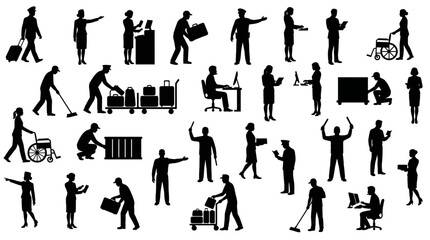 Airport staff silhouettes including pilots and flight attendants working in terminal   Professional aviation personnel icons set vector illustration © Sandaruwan
