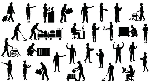 Airport staff silhouettes including pilots and flight attendants working in terminal | Professional aviation personnel icons set vector illustration