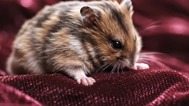 Three adorable hamsters on red fabric cute small animals brown fur whiskers curious expressions