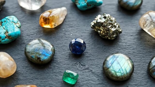 Collection of Various Gemstones and Crystals Arranged on a Dark Surface
