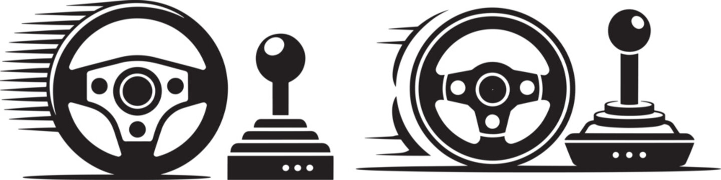 Monochrome vector icons of a racing steering wheel and a manual gear shifter with dynamic speed lines black and white line art manual transmission