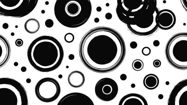 Dynamic seamless pattern composed of various black circles and rings, imbued with a distinct brush stroke texture, artfully placed on a white background.