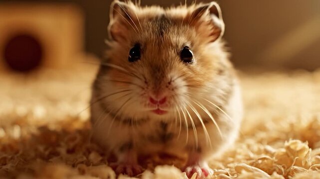 Adorable hamsters exploring wood shavings in cozy cage with tunnels