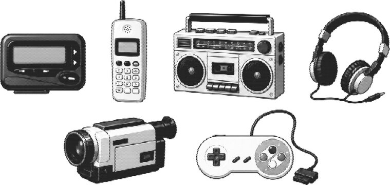 Halftone vector dotted retro grunge transparent electronics: pager, mobile phone, boombox, headphones, camcorder, game controller