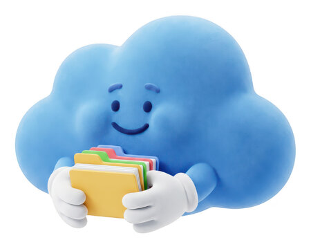 Cute cartoon blue cloud character holding colorful folders isolated on transparent background