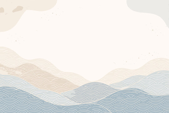 Calm minimalist background featuring traditional oriental wave patterns and textured organic shapes in soft pastel tones. Elegant Japanese aesthetic for serene web design, banners, and print.