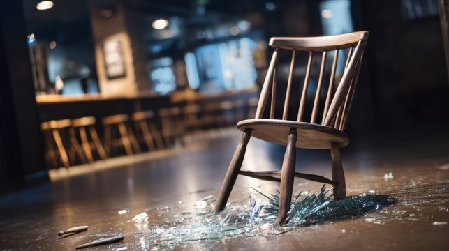 commotion. Overturned wooden chair and broken glass on a wet bar floor. bar promotions, beverage menus, designed for food & beverage menus and cafe branding, enhances appetite appeal.
