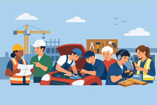 Diverse group of workers in vocational training for National Apprenticeship Week, featuring construction engineers, auto mechanics, and technical apprentices in a flat vector style illustration.