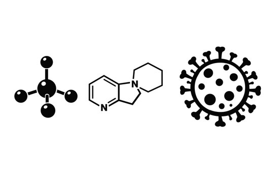 Set of Scientific Icons Featuring Methane Molecule Ball and Stick Model, Nicotine Chemical Structure Skeletal Formula, and Coronavirus Pathogen Silhouette in Simple Flat Black and White Vector