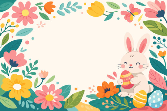 Modern Abstract Floral Background with Happy Easter Greetings, Cute Bunny Holding a Decorated Egg, Springtime Frame with Colorful Flowers and Leaves for Greeting Cards and Festive Invitations.