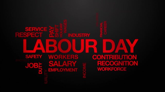 Labour day concept Animated Tag Word Cloud kinetic typography, Text Design Animation typography seamless loop video motion graphics Intro Wordart arrangement red type on black background bg backdrop