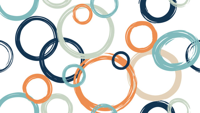 Abstract seamless pattern composed of various sized grunge-textured rings and circles in shades of teal, orange, navy blue, and cream, scattered across a white background.