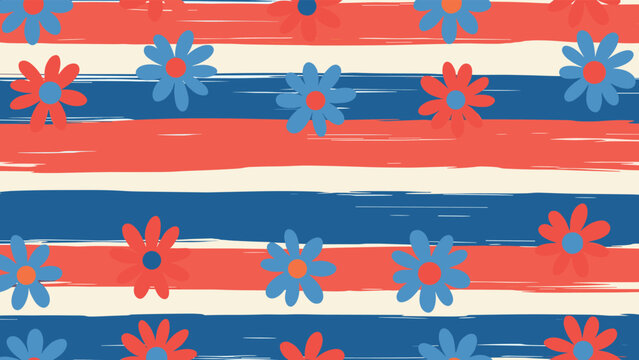 Vibrant seamless floral pattern adorned with red and blue flowers, set against a background of distressed horizontal stripes in coordinating red, blue, and cream colors.