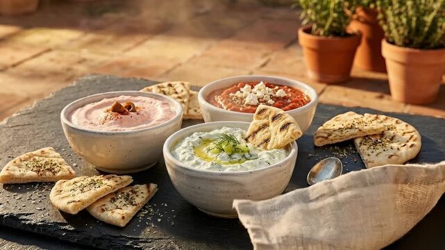 Three Bowls of Delicious Dips With Grilled Pita Bread on a Stone Slab Outdoors