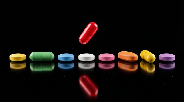 Colorful pills in straight line with levitating red pill on black reflective surface, pharmaceutical concept