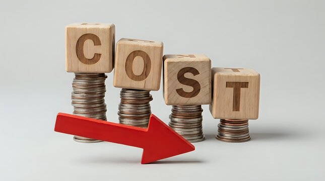 Wooden blocks spelling COST on stacks of coins with red arrow pointing down, representing decreasing expenses, budget reduction, financial savings concept.