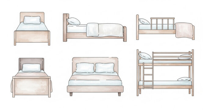 Watercolor bed collection vector illustration single double and bunk beds furniture set isolated on white background