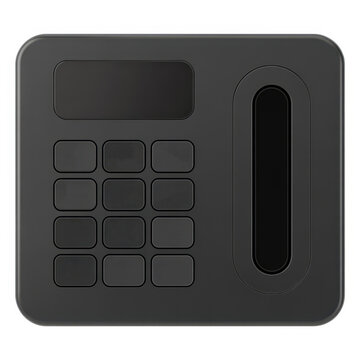 Black digital keypad with numeric buttons and display isolated on a white background