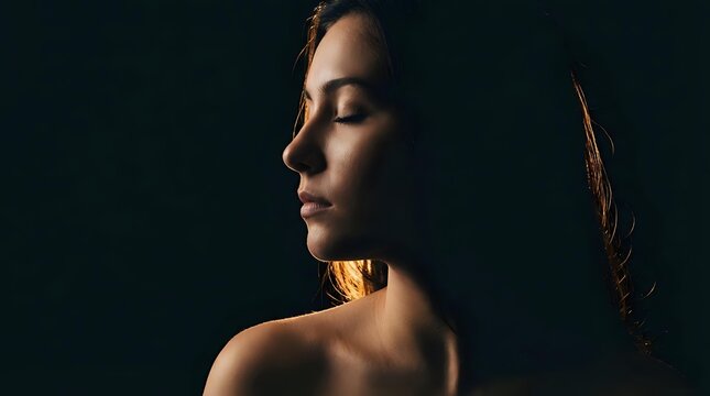 Young woman in dramatic side profile with warm golden lighting against dark background creating moody atmospheric portrait for beauty and wellness concepts.