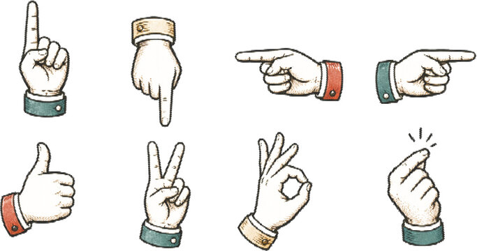 Hand gestures in halftone vector art with retro grunge style on transparent background