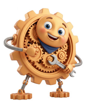 Smiling cartoon gear character with wrench isolated on transparent background