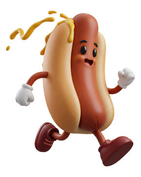 Running cartoon hot dog character with mustard isolated on transparent background