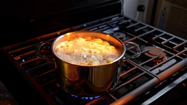 Tortellini Boiling in Pot on Gas Stove. Metal pot with tortellini boiling on gas stove, blue flame and warm kitchen light.