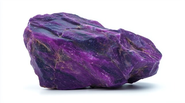 Raw sugilite stone, intense purple opaque mineral, massive form isolated on white background
