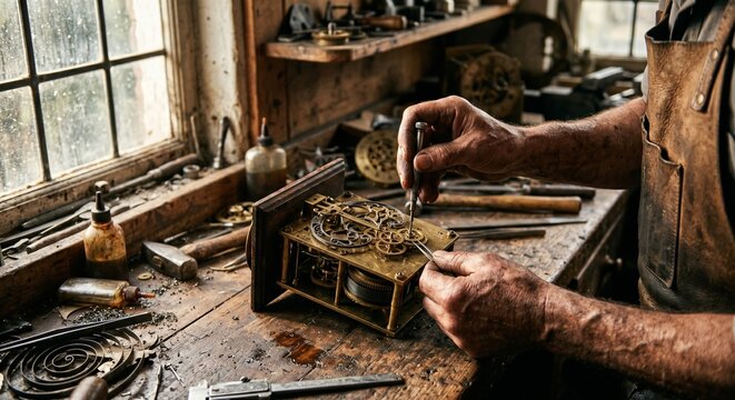 Close up of craftsman hands repairing vintage clock mechanism with precision tools in rustic workshop