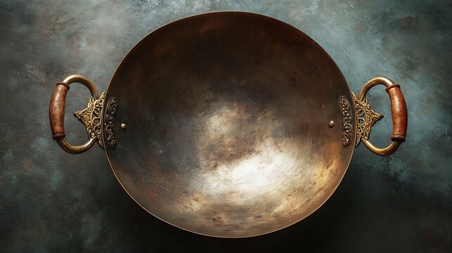 Awesome photo of top view of an empty, rustic, round metal wok with wooden handles on a dark background.