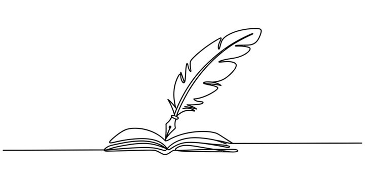 Continuous single line drawing of an open book with a vintage feather quill pen for writing and education concepts Vector, illustration