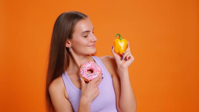 Young woman holds donut and pepper. She smiles warmly at the camera. Her eyes sparkle with cheerful curiosity. She tilts her head, comparing sweet and healthy. Orange background is bright and cheerful