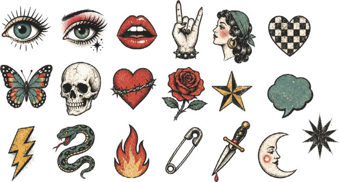 Retro grunge halftone vector set with dotted illustrations of lips, skull, rose, and rock iconography