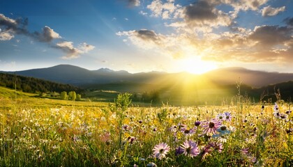 Fototapeta premium a vibrant meadow blossoms under a soft sunlit sky