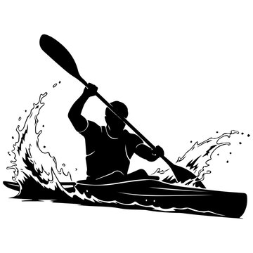 Black silhouette of kayaker paddling in water with splash and ripples