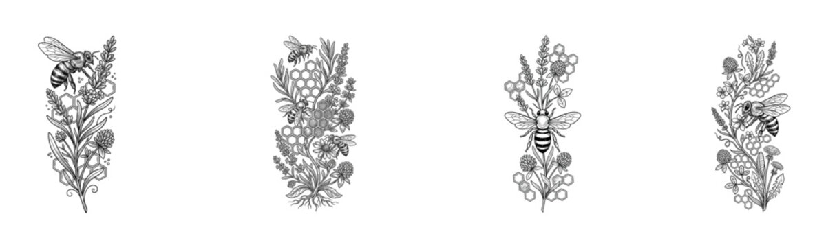 honey bee, bee, honeycomb, beehive, apiary, beekeeping, honey, raw honey, botanical, herbal, flower, wildflower, medicinal plant, floral diagram, pollinator, nectar, pollen, beeswax, label, packaging,