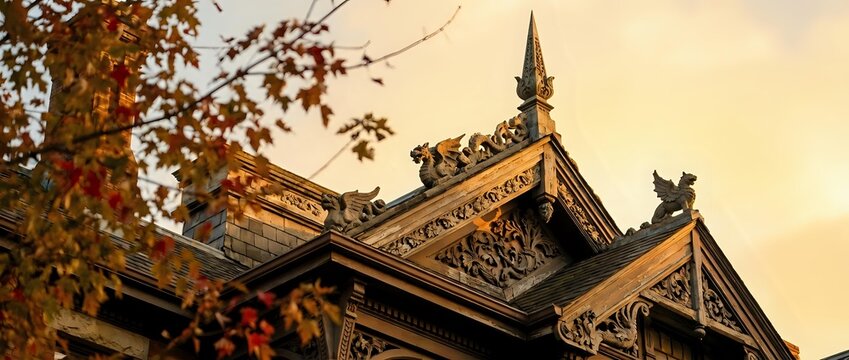 Traditional Asian temple roof with ornate wooden carvings and decorative elements against warm sunset sky, showcasing classical architecture details.