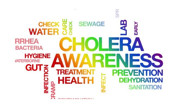cholera awareness concept Animated Tag Word Cloud kinetic typography, Text Design Animation typography seamless loop video motion graphics Intro Wordart rainbow type on white background bg backdrop