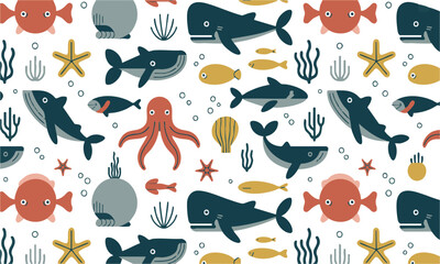 Underwater marine seamless pattern with fish whale octopus coral and sea elements. © TrustMaker Creative