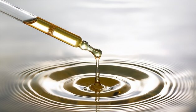 golden liquid dripping from pipette into white rippled surface in cosmetic concept product presentation and skincare background