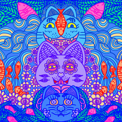 Obraz premium Kawaii colorful cat seamless pattern in blue and purple mosaic style