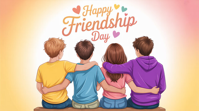 Four young friends sitting together with arms around each other, celebrating friendship day theme