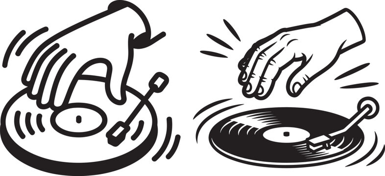 Dj hands scratching vinyl records on a turntable set illustration representing music production and club entertainment with turntable, scratching