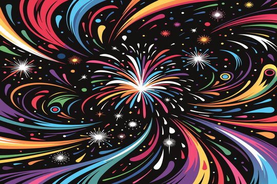 Abstract Celebration Burst: A vibrant explosion of colorful, swirling abstract shapes radiates outwards on a dark background, creating a dynamic and festive visual spectacle.