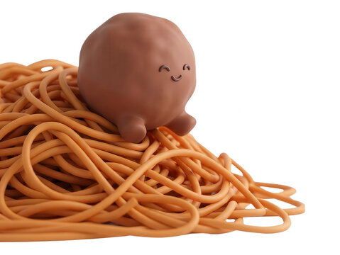 Smiling brown cartoon meatball character sitting on spaghetti isolated on transparent background