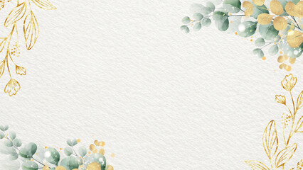 Watercolor botanical background template with eucalyptus leaves and golden branches on textured paper with copy space. © Oleg  Zaharov